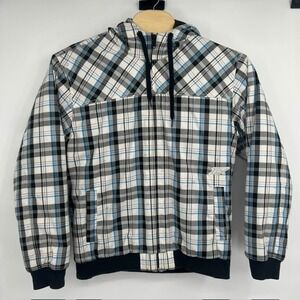 Fox Racing Mens XL Hooded Plaid Full Zip Padded Jacket Blue, White, Black